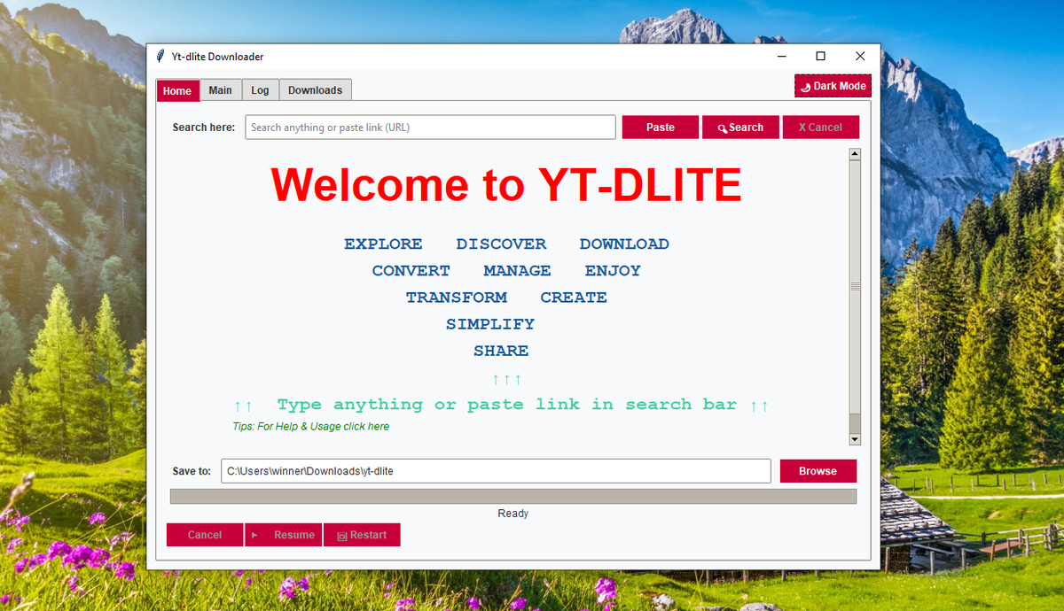 Welcoming interface of yt-dlite